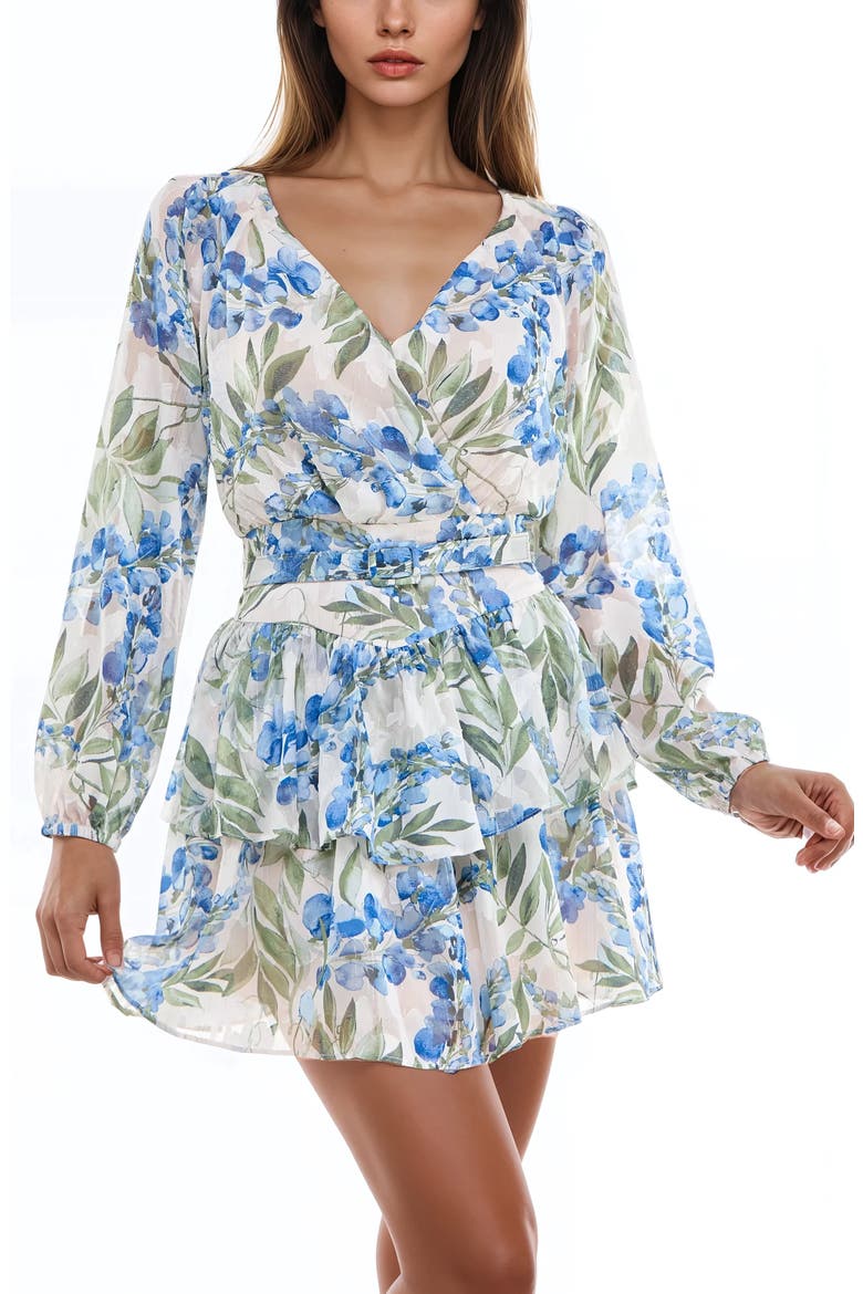 Metallic Floral Long Sleeve Minidress, Alternate, color, IVORY/ BLUE