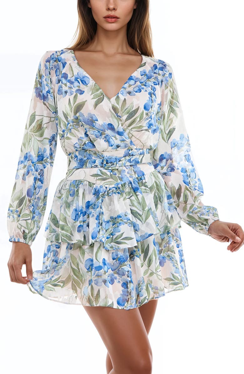 Socialite Metallic Floral Long Sleeve Minidress, Alternate, color, Ivory/ Blue