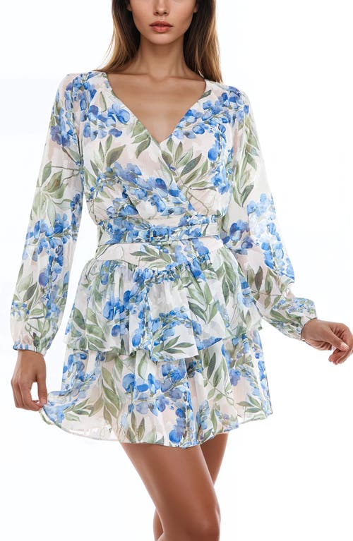 Socialite Metallic Floral Long Sleeve Minidress In Blue