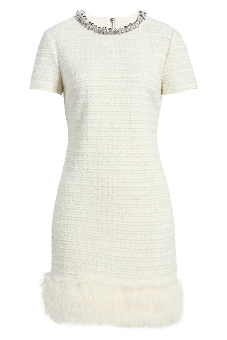 Beaded Neck Faux Fur Hem Tweed Minidress, Alternate, color, VANILLA