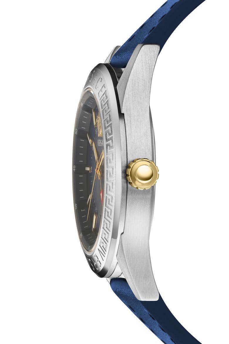 V-Code GMT Leather Strap Watch, 42mm, Alternate, color, BLUE-SILVER