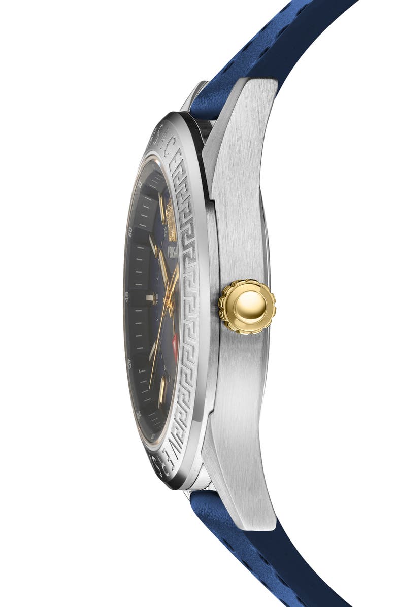 Versace V-Code GMT Leather Strap Watch, 42mm, Alternate, color, Blue-Silver