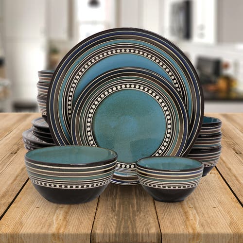 Gibson Cafe Versailles 16 Piece Double Bowl Dinnerware Set In Blue