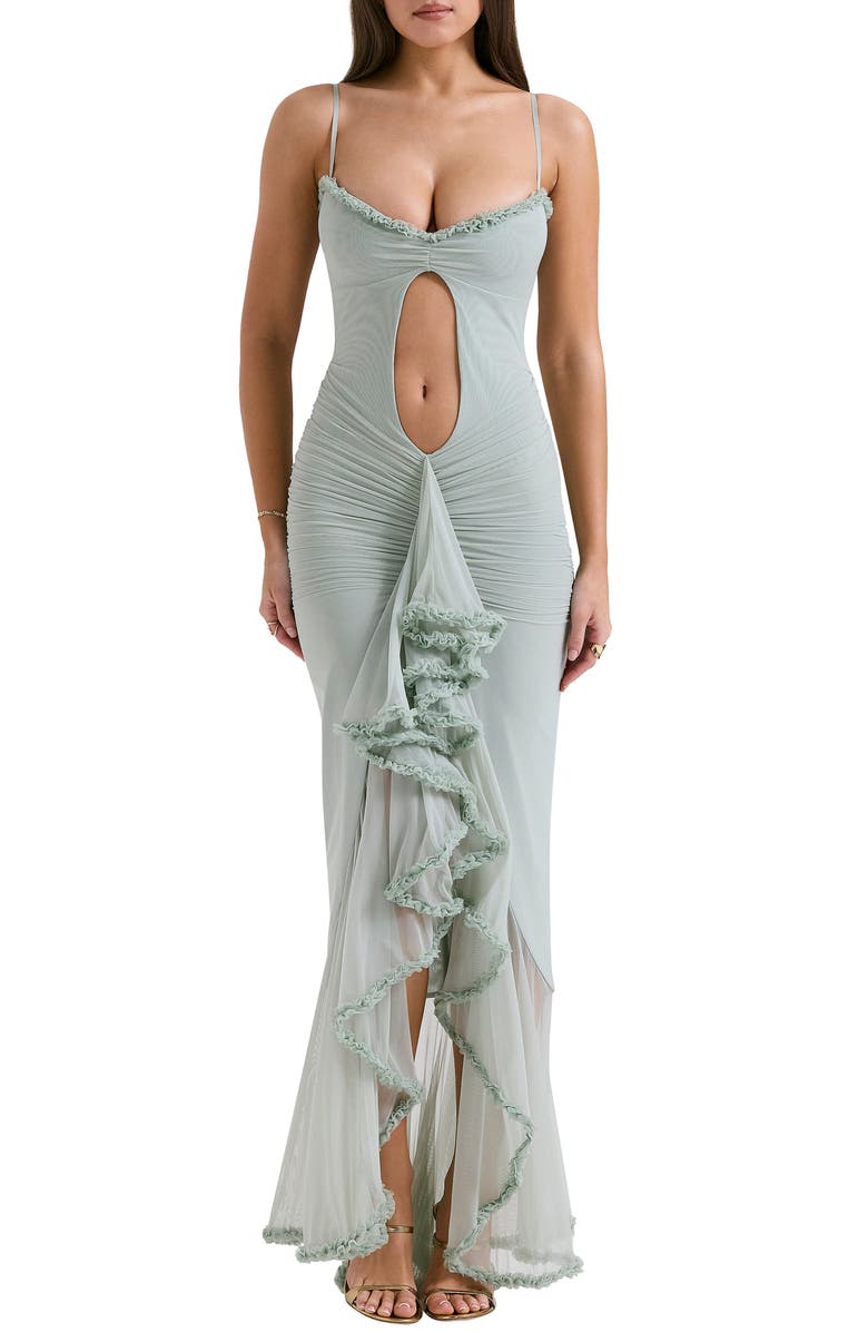 HOUSE OF CB Gabriella Keyhole & Ruffle Mesh Body-Con Gown, Main, color, Aqua