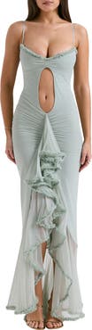 HOUSE OF CB Gabriella Keyhole & Ruffle Mesh Body-Con Gown