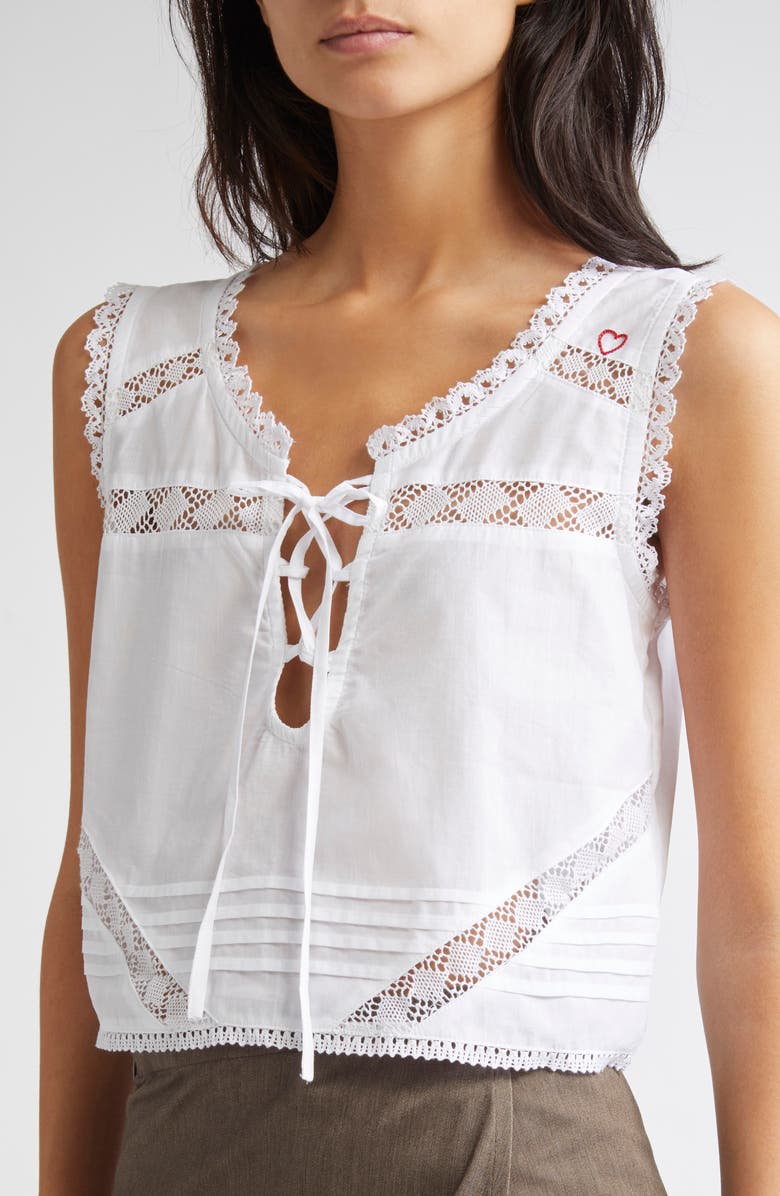 KÚR Lyra Lace Inset & Pintuck Cotton Crop Top, Alternate, color, White