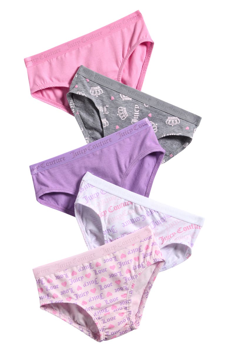 Juicy Couture Kids' Assorted 5-Pack Stretch Cotton Blend Bikini Briefs, Main, color, White/Orchid/Bloom/Pink/Grey