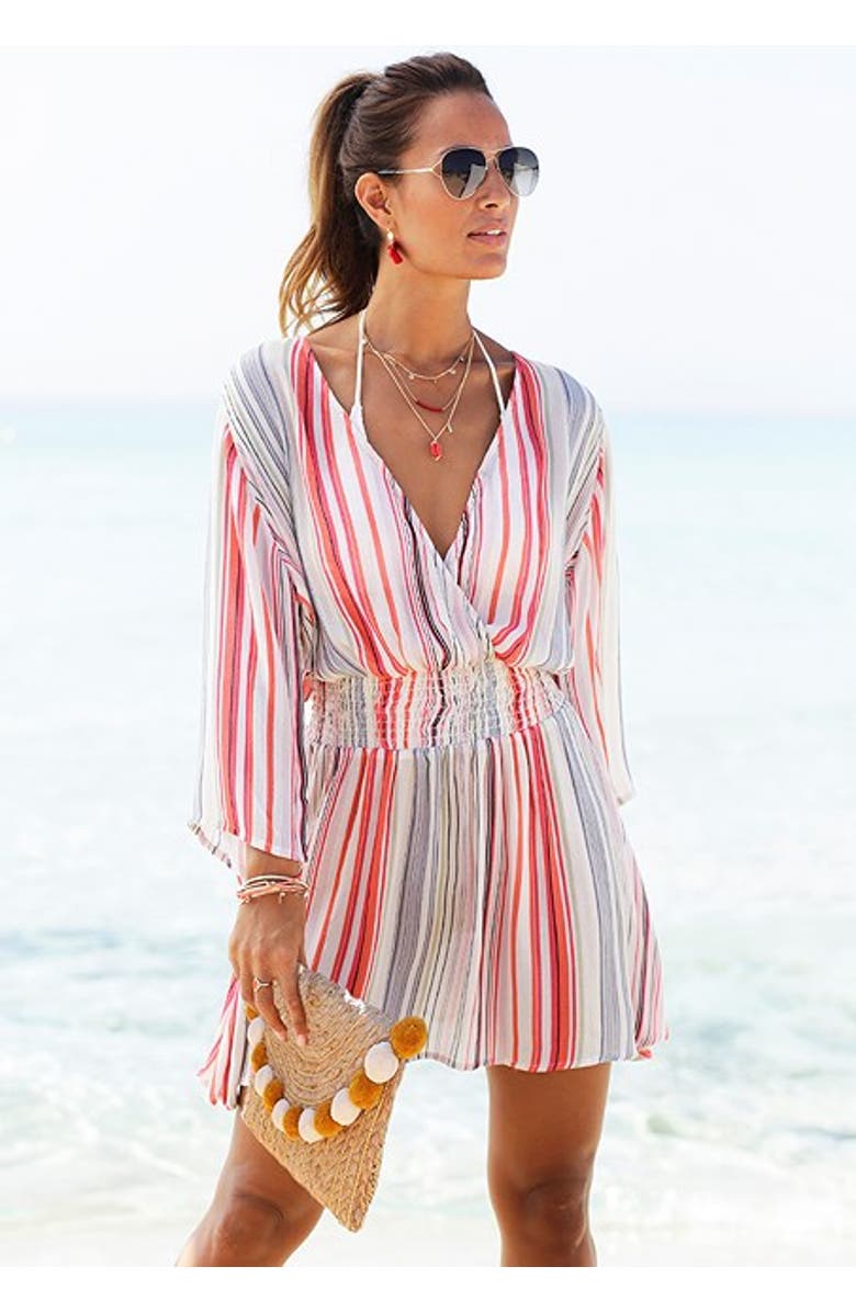 LASCANA Striped V-Neck Cover-Up Dress, Alternate, color, 