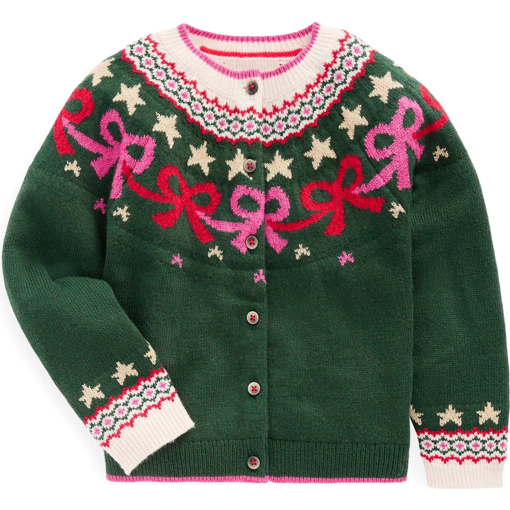 Mini Boden Kids' Edie Fair Isle Bow Cardigan In Green