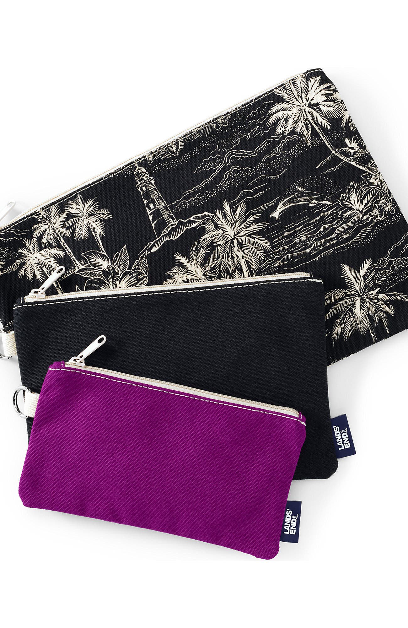 Lands' End Zip Canvas Pouch 3 Pack, Main, color, Black Toile Mix