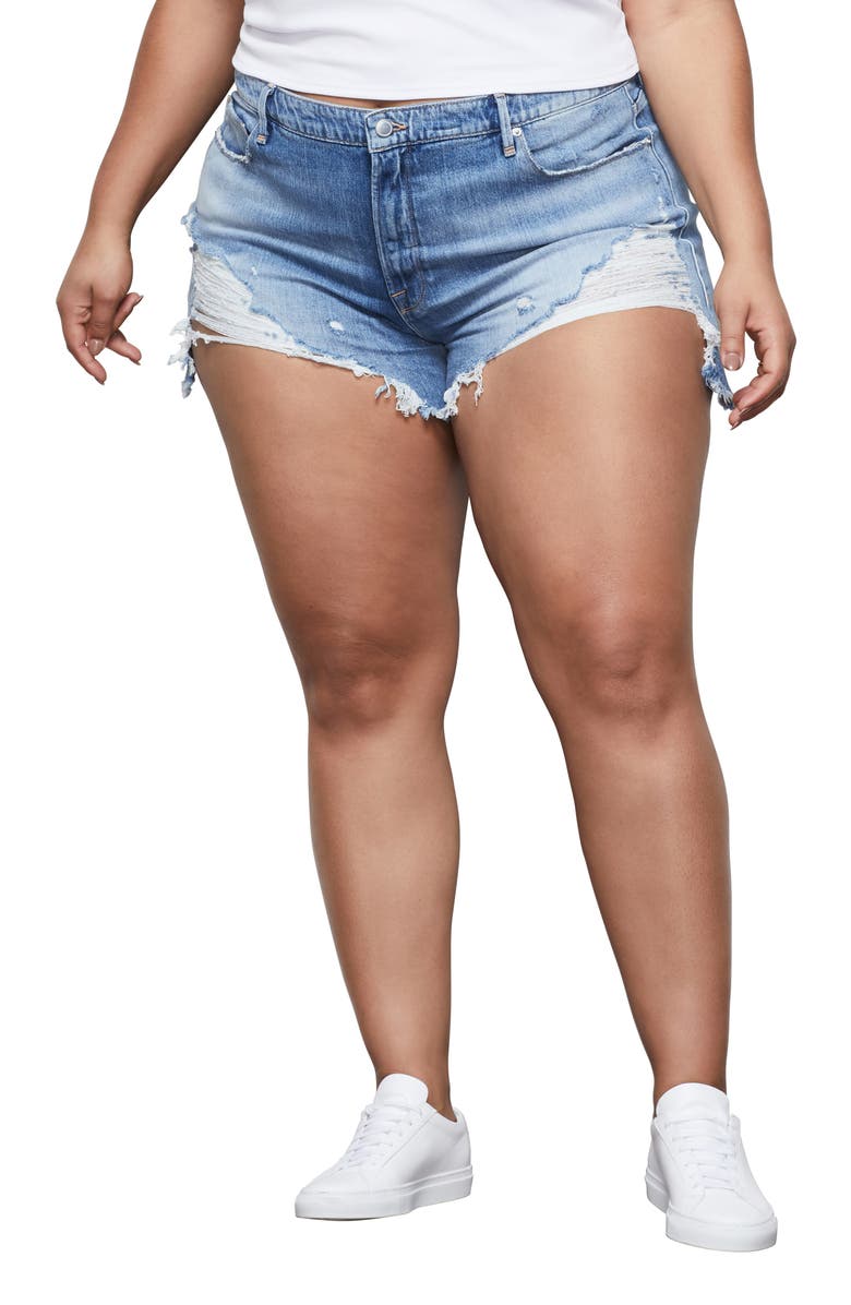 Good American The Bombshell Ripped Cutoff Denim Shorts, Alternate, color, 