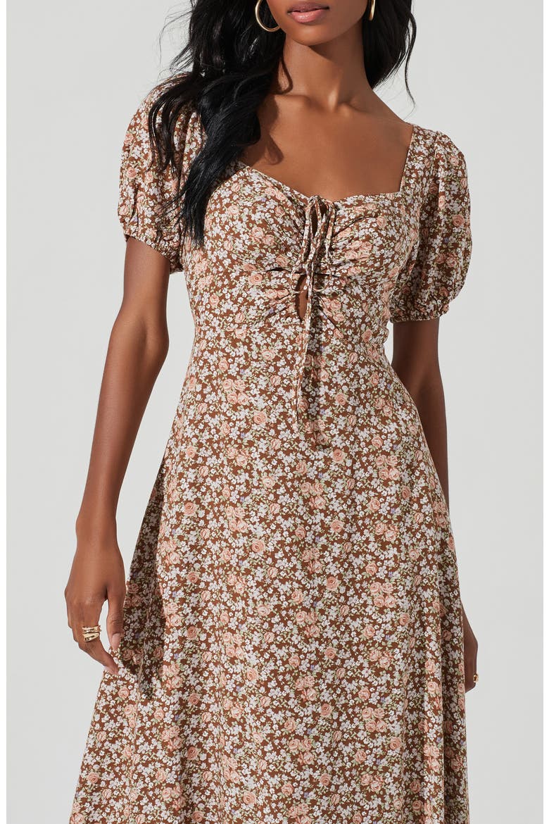 Lace-Up Puff Sleeve Midi Dress, Alternate, color, BROWN FLORAL