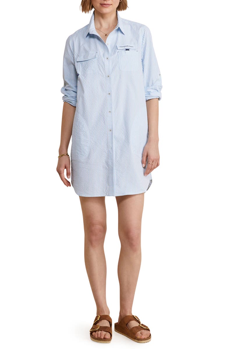 vineyard vines Harbor Stripe Long Sleeve Cover-Up Shirtdress, Main, color, Seersucker-Jake Blue