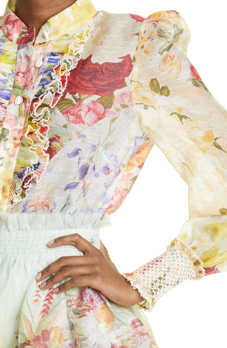 Zimmermann Wonderland Floral Linen & Silk Tuxedo Blouse, Alternate, color,