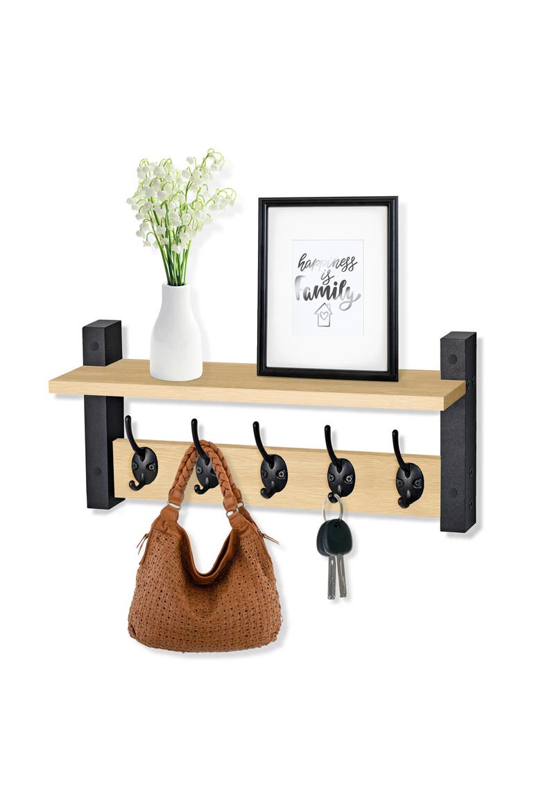 16-Inch Floating Wall Shelf with Hooks, Alternate, color, MAPLE