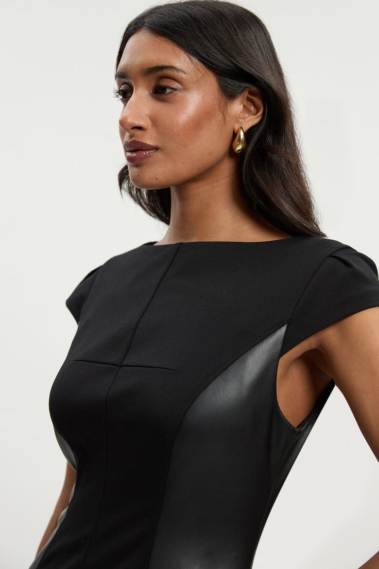 Ponte And Pu Mix Pencil Midi Dress, Alternate, color, Black