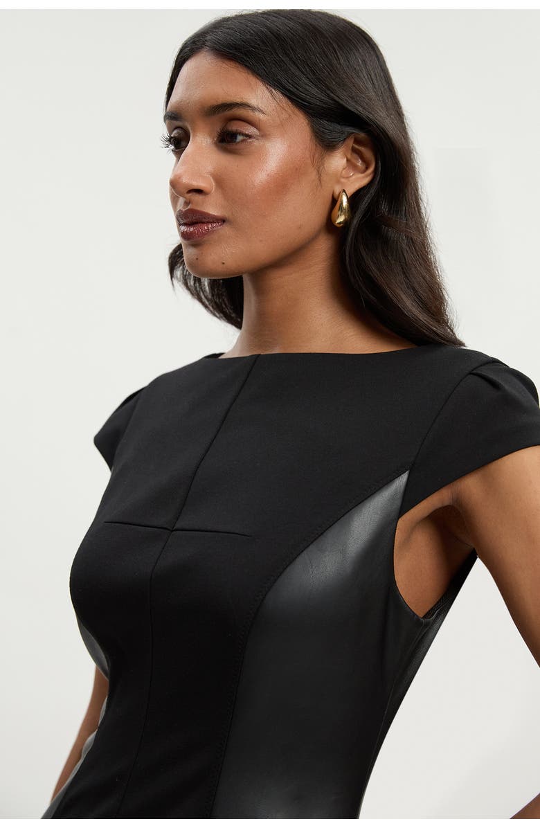 Karen Millen Ponte And Pu Mix Pencil Midi Dress, Alternate, color, Black