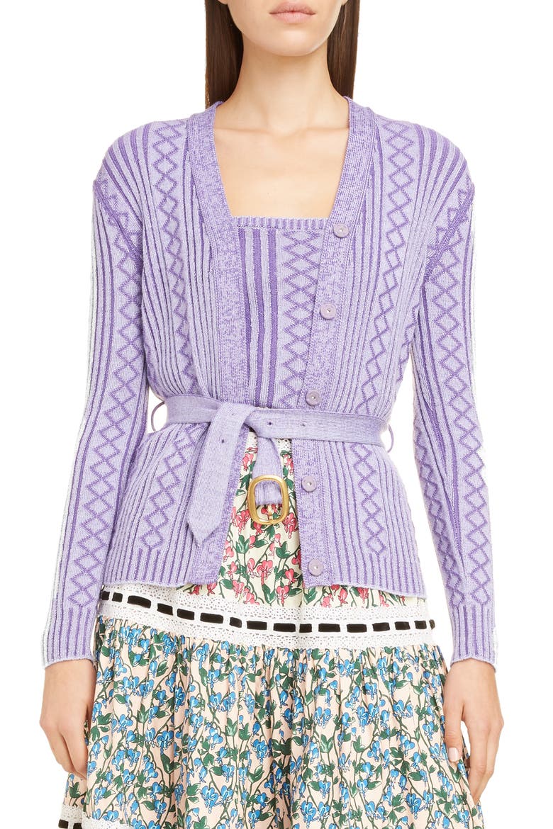 MARC JACOBS Belted Diamond Rib Stitch Cardigan, Main, color, PURPLE MELANGE