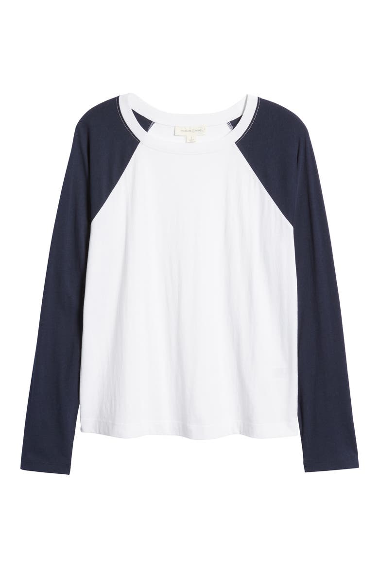 Organic Cotton Blend Long Sleeve Baseball Tee, Alternate, color, WHITE- NAVY BLAZER