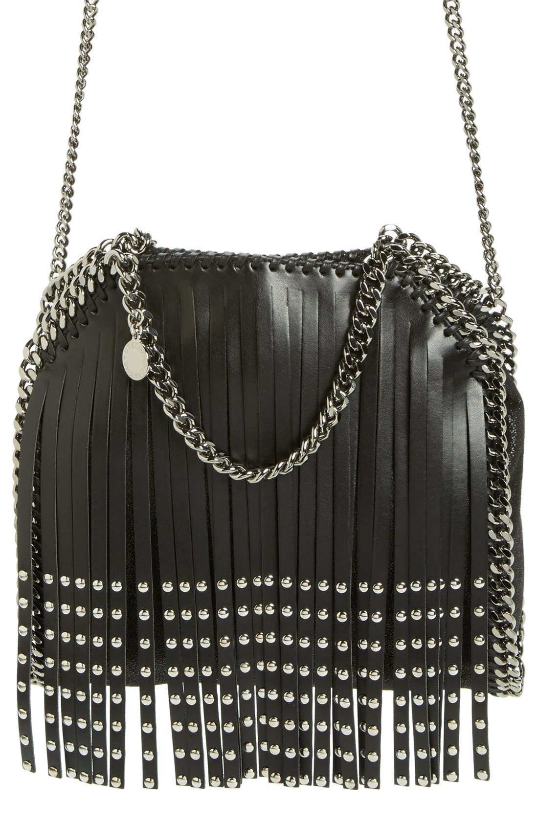 'Falabella' Studded Fringe Shoulder Bag, Alternate, color, BLACK