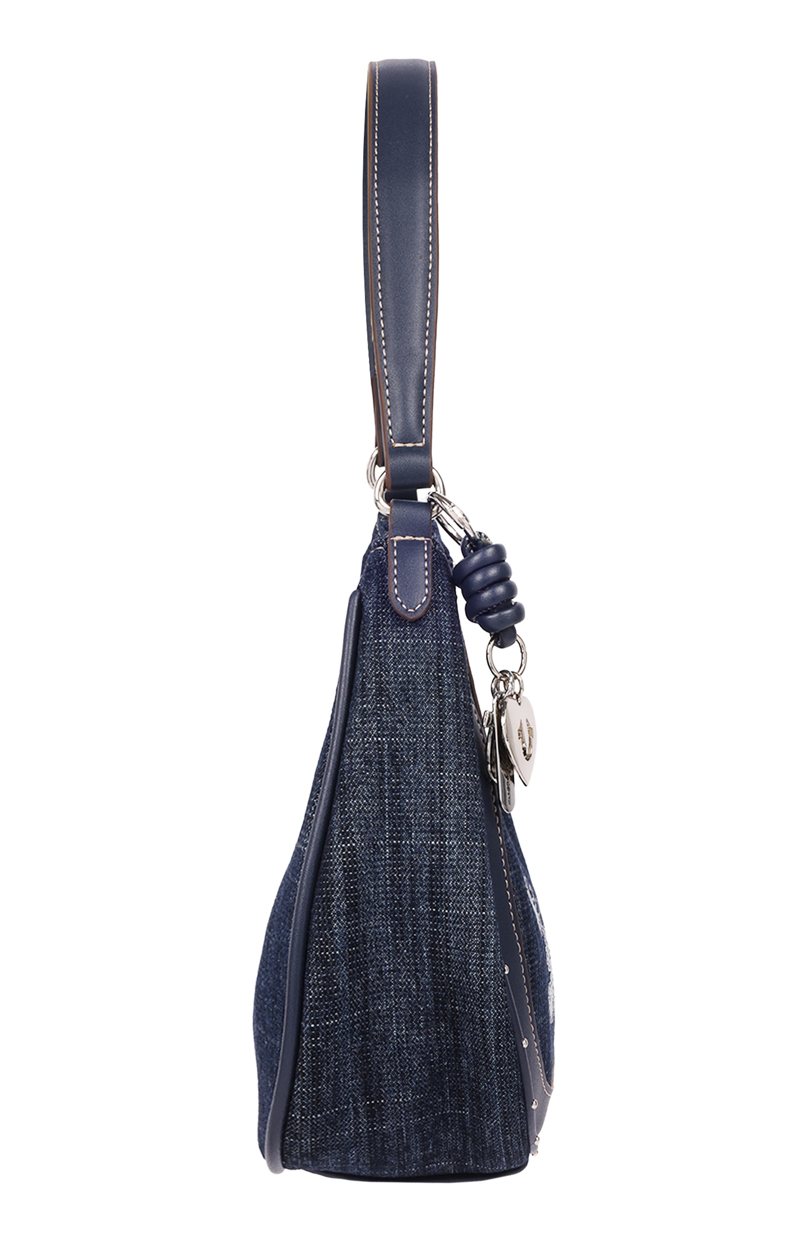 True Religion Wing Motif Denim Hobo Bag, Alternate, color, Navy