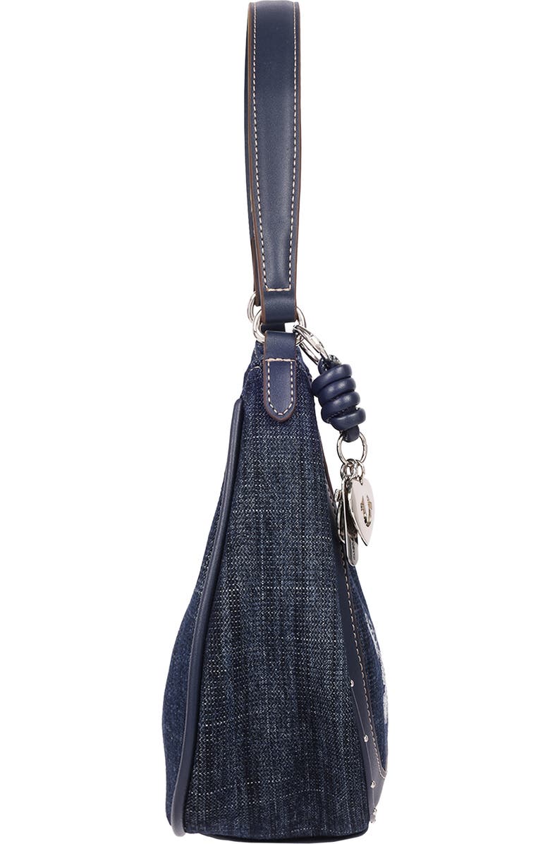 True Religion Wing Motif Denim Hobo Bag, Alternate, color, Navy