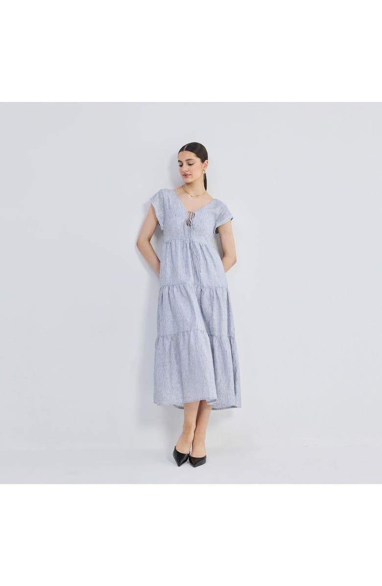 Reistor Womens Gathered Tiered Dress with Front-ties - Linen stripes Medium, Alternate, color, Pin Striped Linen