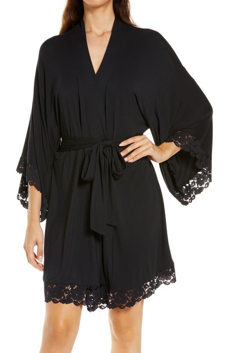 Naya Lace Trim Jersey Knit Robe, Main, color, BLACK