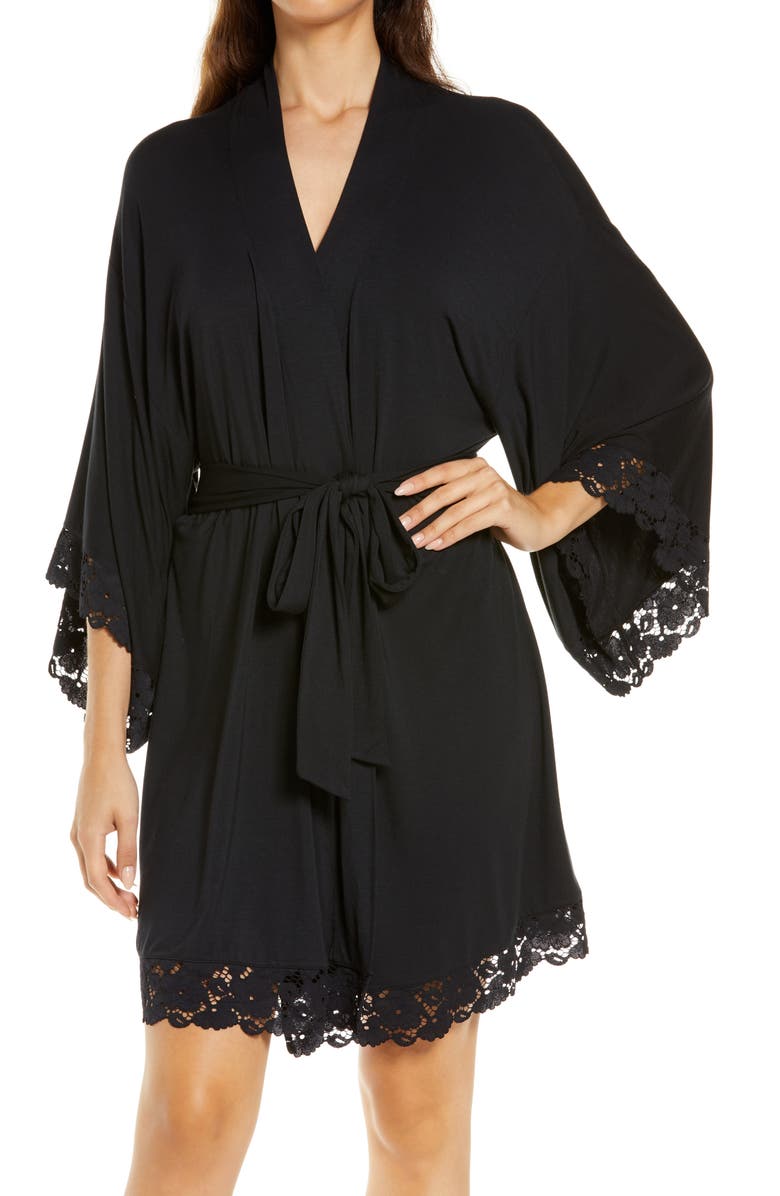 Eberjey Naya Lace Trim Jersey Knit Robe, Main, color, 