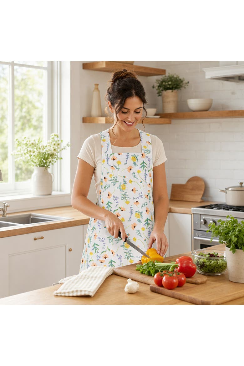 Tossed Floral Pinafore Apron Multi Cotton Everyday, Alternate, color, White