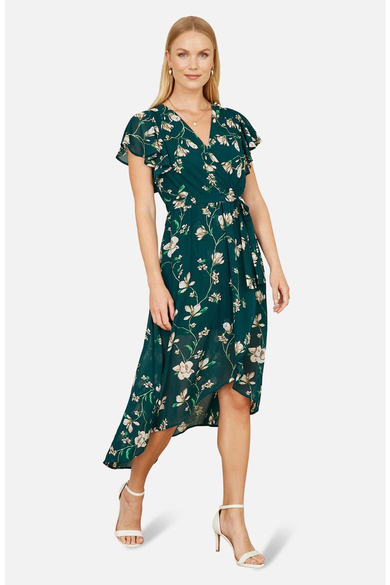 Floral Frill Hem Wrap Midi Dress, Alternate, color, Green