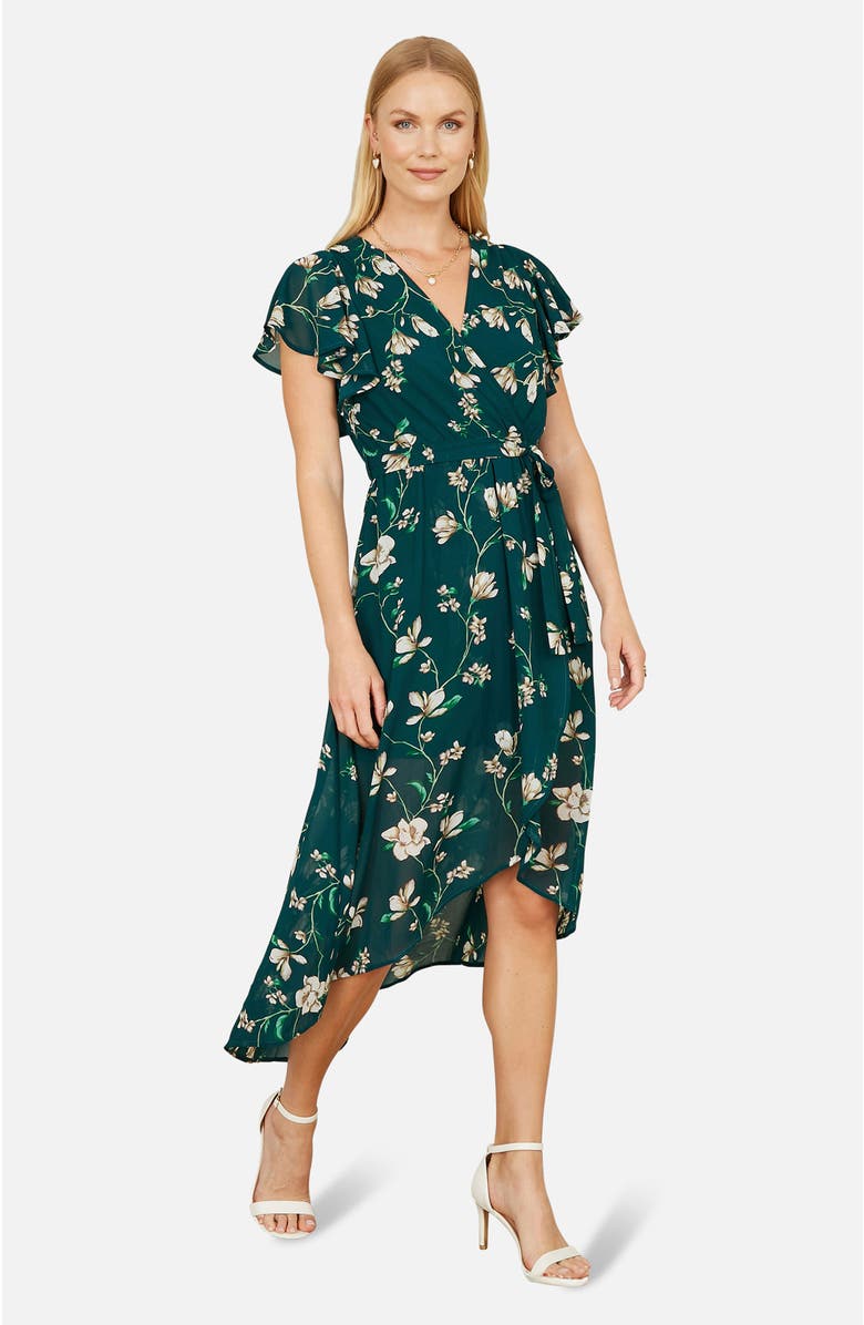 Yumi Floral Frill Hem Wrap Midi Dress, Alternate, color, Green