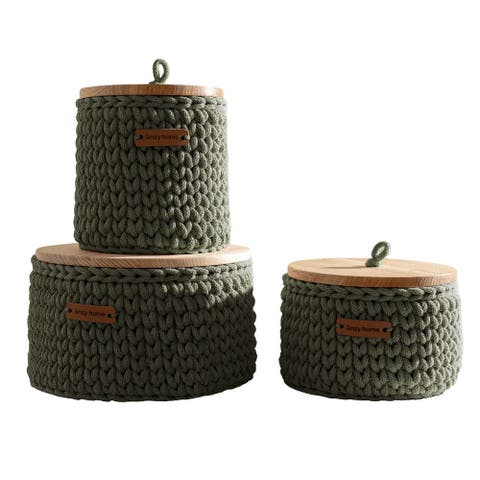 Round Storage Baskets w/ Wooden Lid Recycled - Set of 3