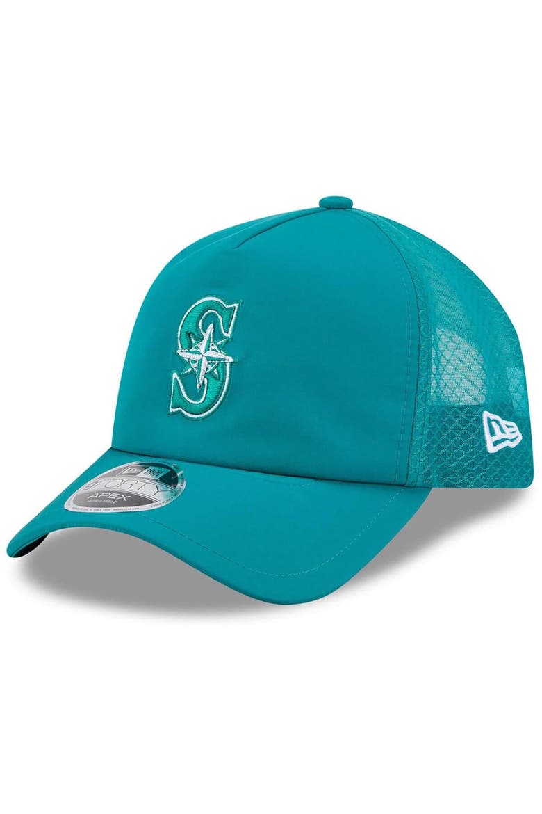 Men's New Era Teal Seattle Mariners 2026 Batting Practice Apex 9FORTY Adjustable Trucker Hat, Main, color, Teal