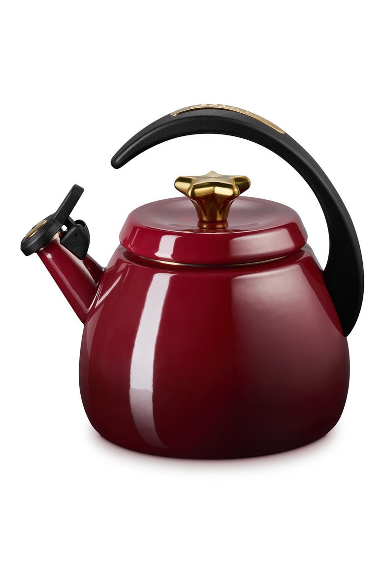 Star Knob Enamel on Steel Whistling Tea Kettle, Alternate, color, GARNET