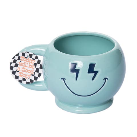 Shaped Bolt Eye Smiley Mug Ceramic Blue 15 oz