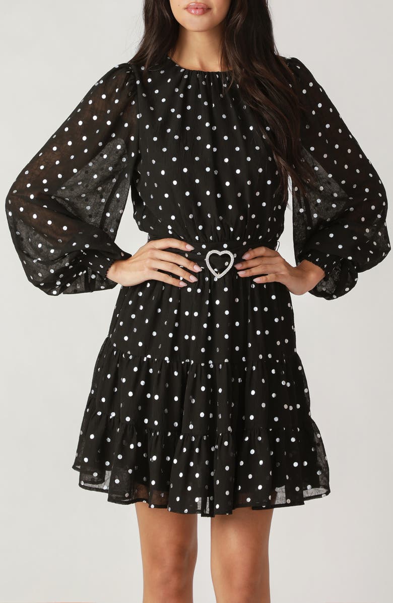 FLYING TOMATO Polka Dot Long Sleeve Belted Minidress, Alternate, color, Black