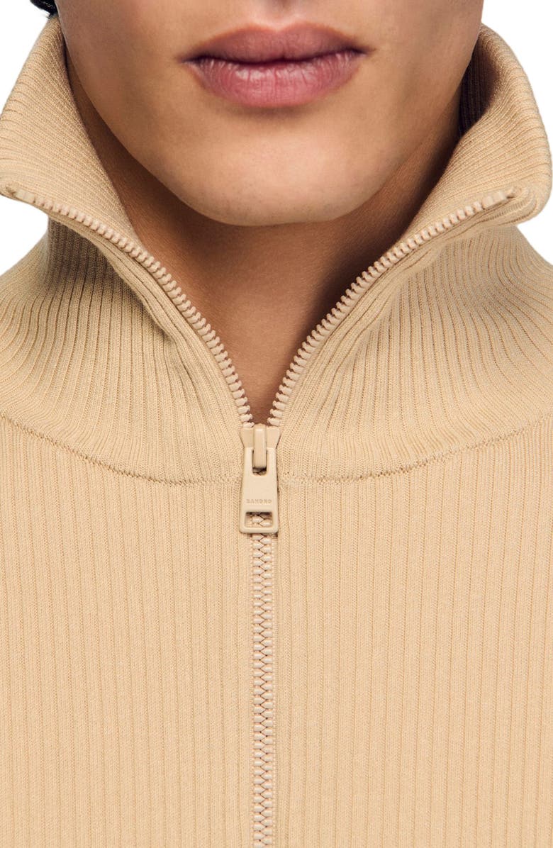 SANDRO Zip cardigan with standing collar, Alternate, color, Beige