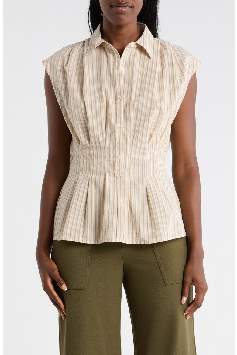 Pinstripe Pleated Sleeveless Shirt, Main, color, NEUTRAL SHADOW STRIPE