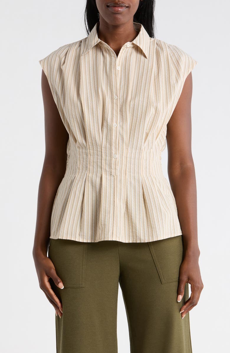 MAX STUDIO Pinstripe Pleated Sleeveless Shirt, Main, color, Neutral Shadow Stripe