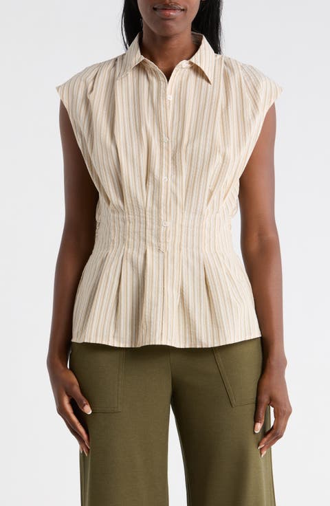 Pinstripe Pleated Sleeveless Shirt