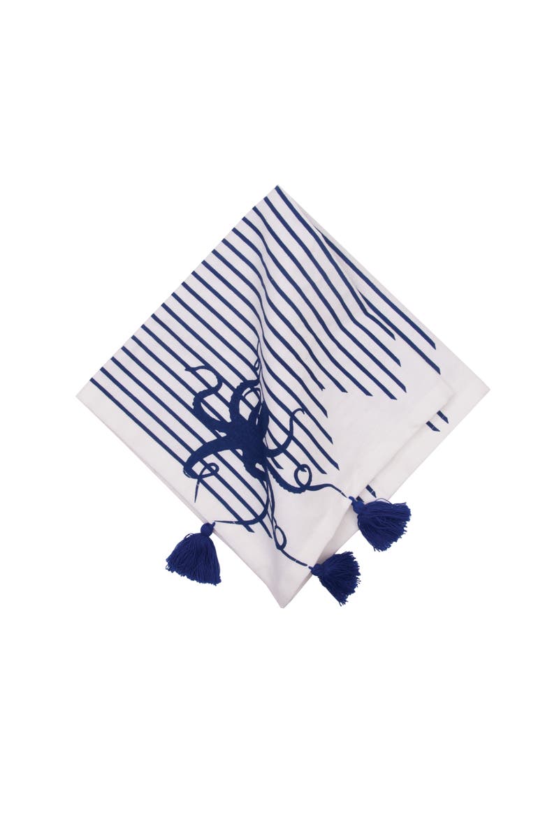Indigo Octopus Stripes and Tassels Machine Washable Napkins Set of 6, Alternate, color, Blue