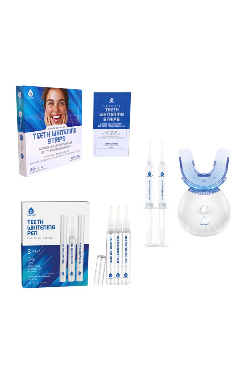 PURSONIC Complete Smile Whitening Bundle - LED Whitening Kit + Whitening Pens + Professional Whitening Strips, Main, color, White