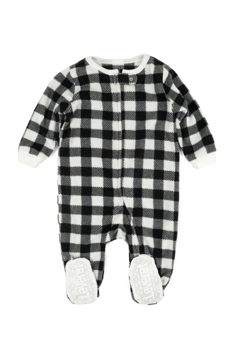 Leveret Footed Fleece Printed Holiday Pajamas, Main, color, Plaid Black & White