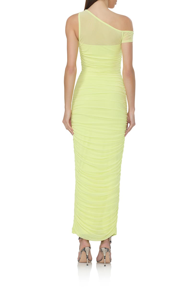 AFRM Biona One-Shoulder Ruched Mesh Maxi Dress, Alternate, color, Sunny Lime