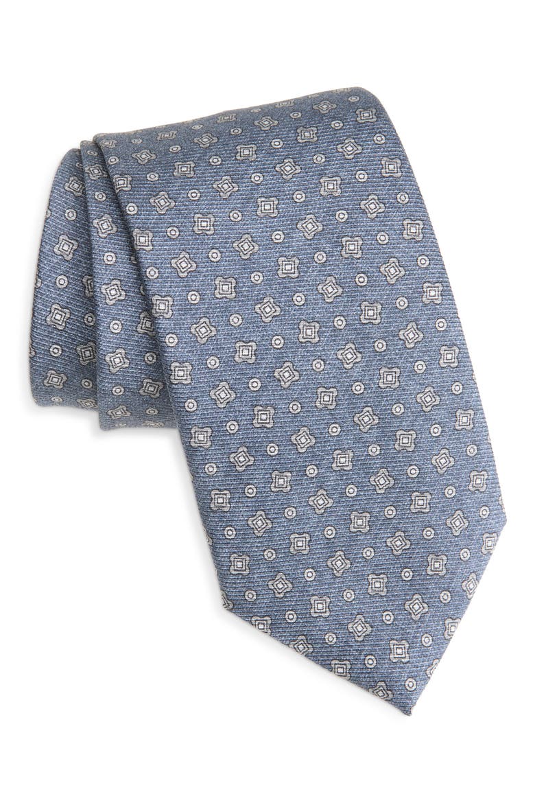 Neat Print Silk Tie, Main, color, DENIM