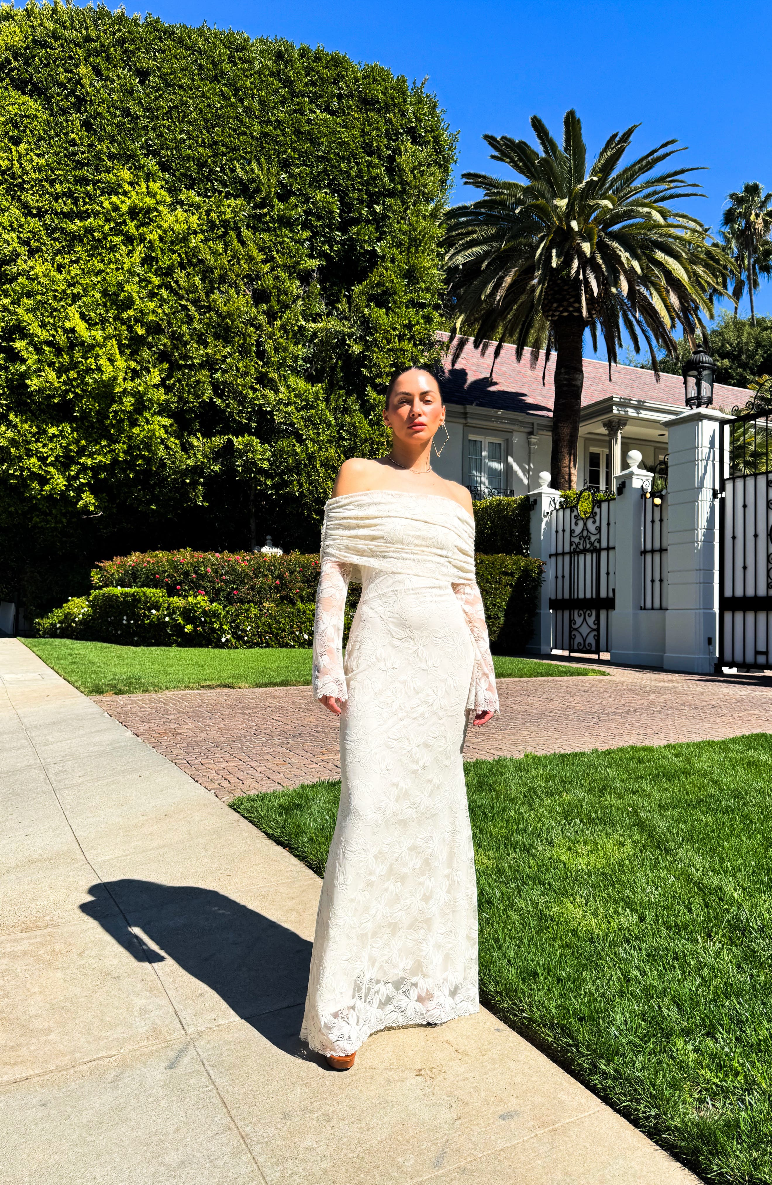 afrm emmeline off-the-shoulder long-sleeve lace maxi dress AFRM Emmeline Off-the-Shoulder Long-Sleeve Lace Maxi Dress
