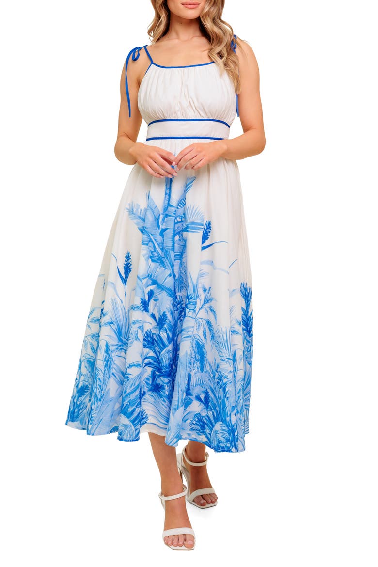 Frond Print Midi Dress, Main, color, IVORY BLUE