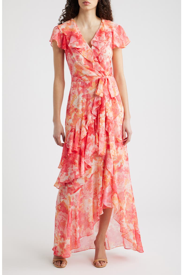 Floral Asymmetric Ruffle Maxi Dress, Main, color, PINK SORBE