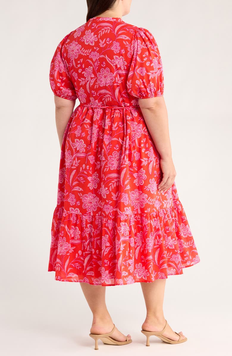 SUGARLIPS Aria Floral Beth Tiered Cotton Midi Dress, Alternate, color, Red/ Pink